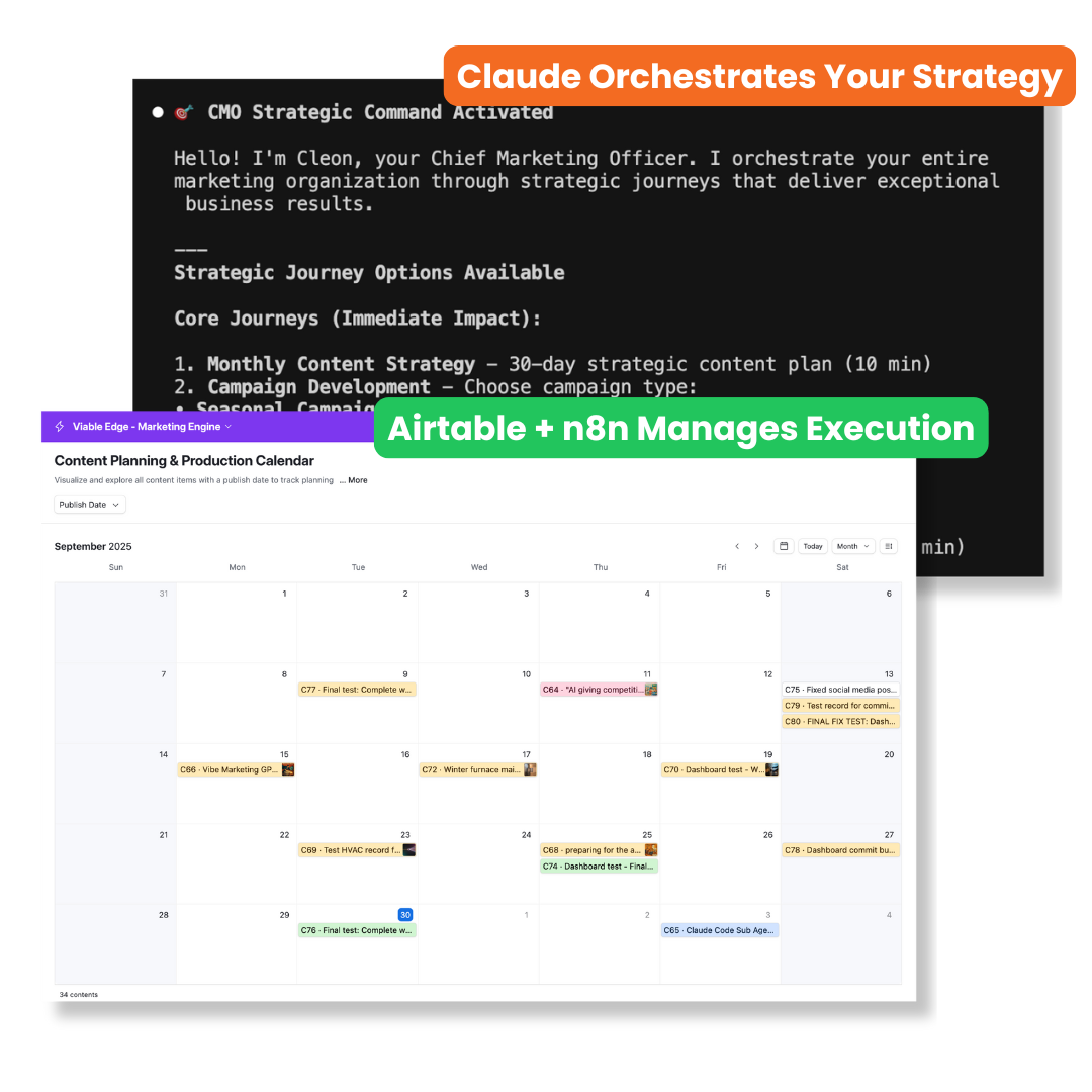 AI Marketing Agent dashboard showing campaign strategy and content calendar with Claude Code integrated with Airtable for automated content management